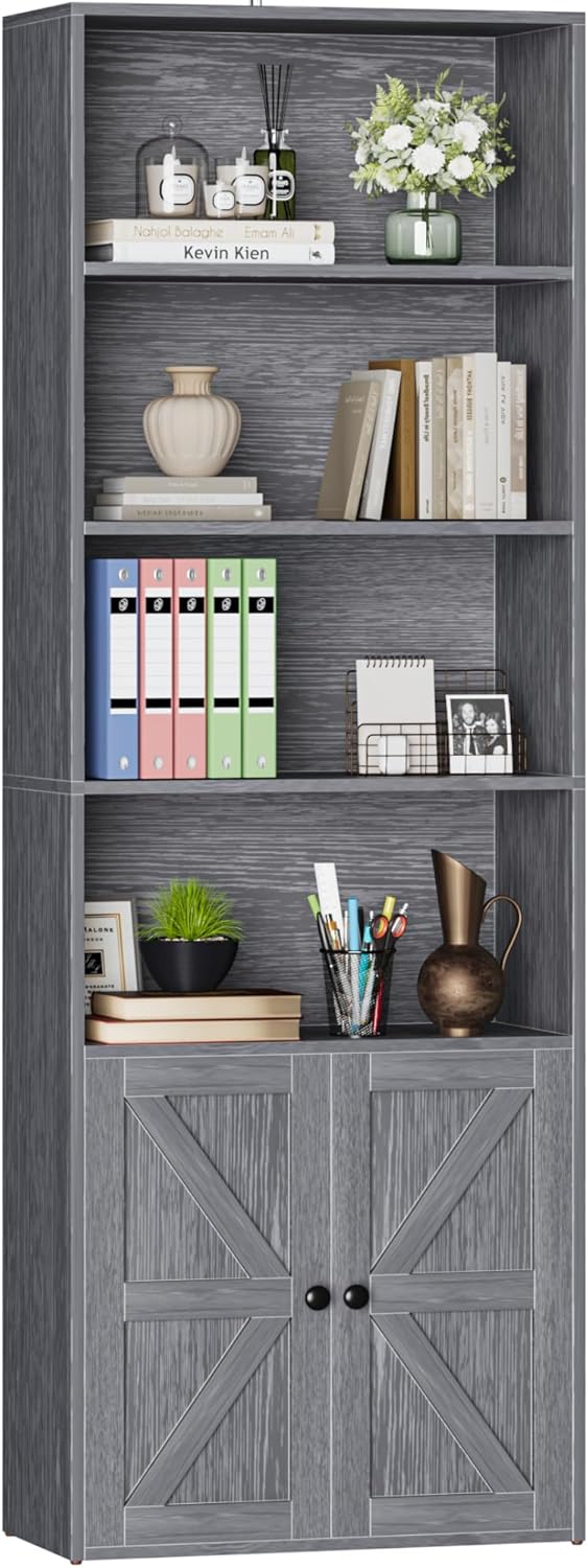 Furniwell Industrial Bookshelf with Doors for Home Office Storage