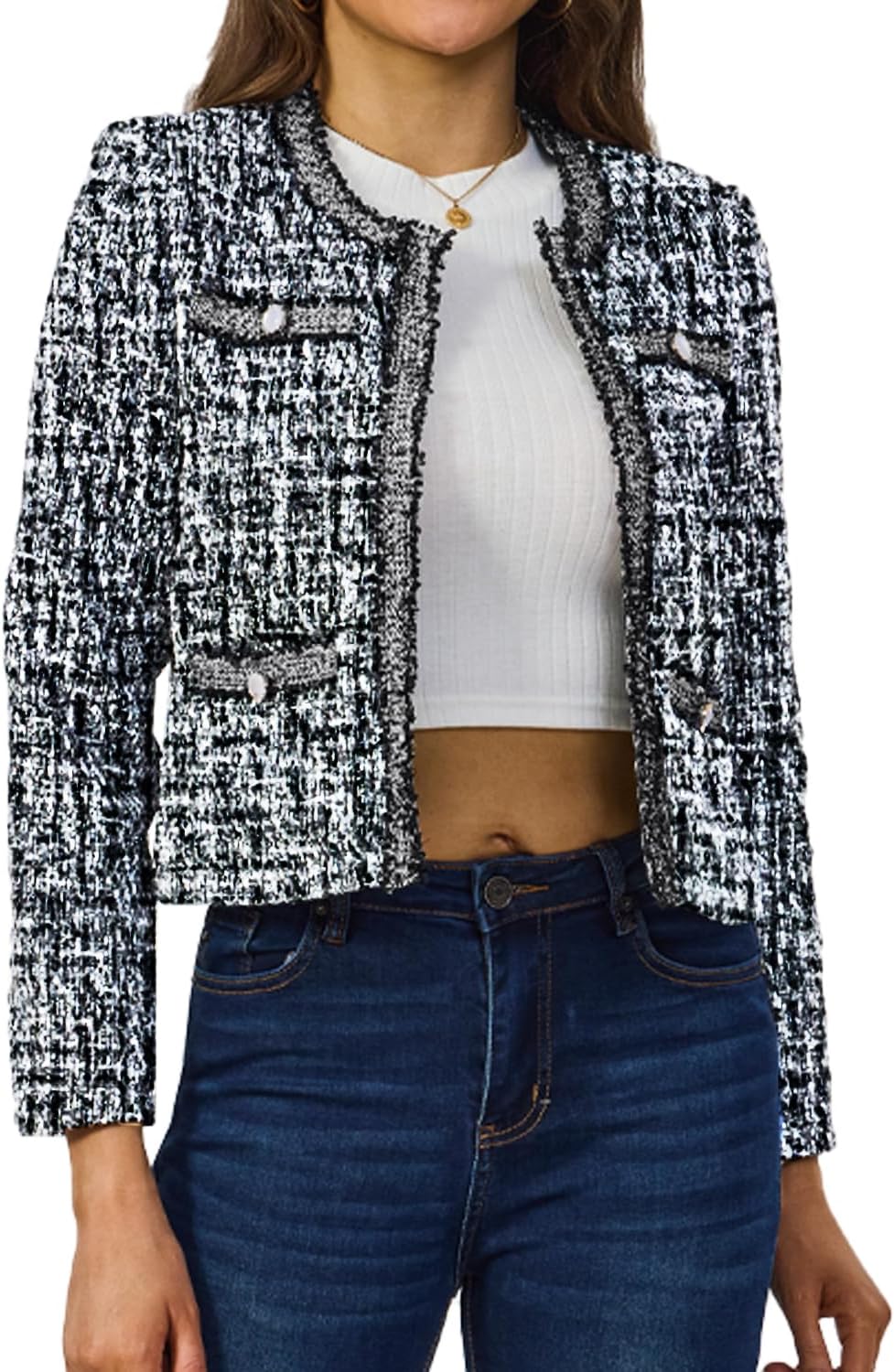 Women's Tweed Blazers Lightweight Cropped Long Sleeve Jacket
