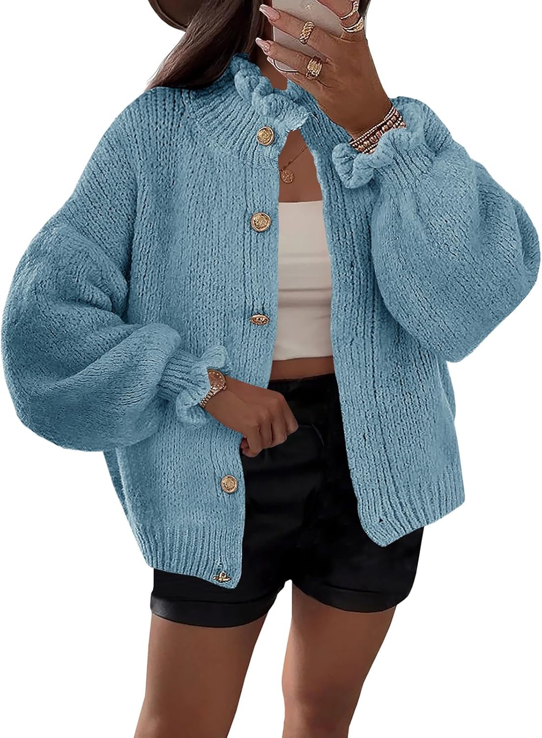 Saodimallsu Womens Ruffle Cardigan Oversized Button Up Sweater