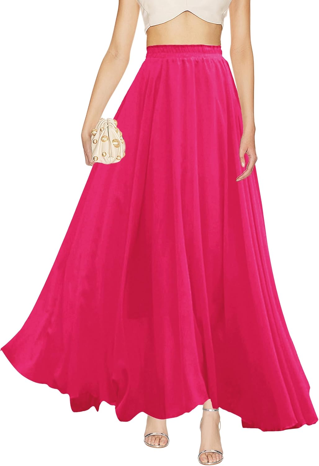 v28 Women Full Length Elastic Pleated Retro Maxi Chiffon Skirt
