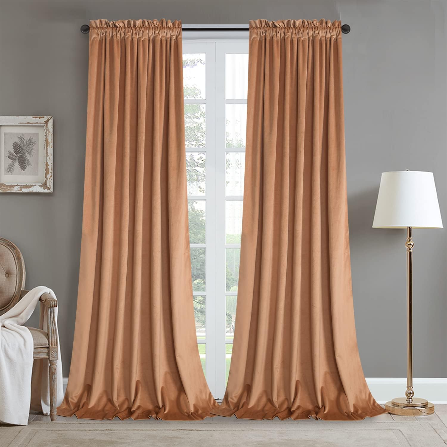 Roslynwood Peach Velvet Curtains for Elegant Living Room Decor