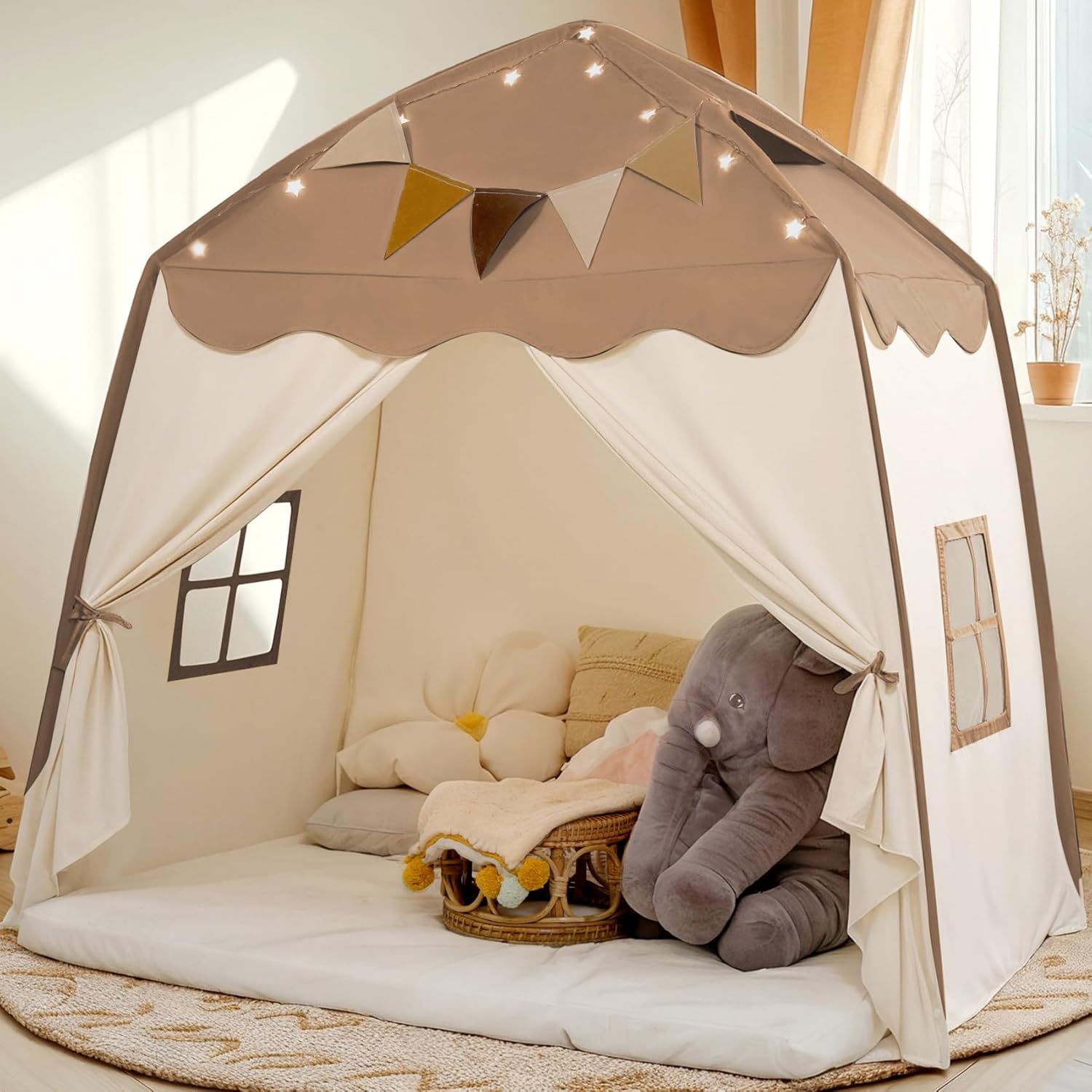Extra Large Kids Play Tent with Flags & Star Lights for Fun