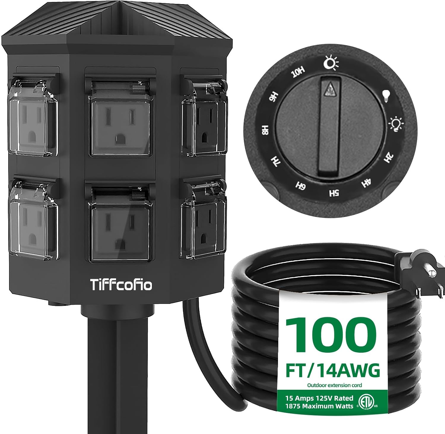 TiFFCOFiO Outdoor Power Strip Timer with 100 FT Extension Cord