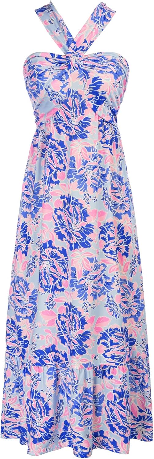 Floral Print Maxi Dress for Women - Criss Cross Halterneck Style