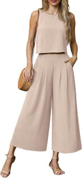 Womens Summer 2 Piece Outfit - Sleeveless Crop Top & Wide Leg Pants