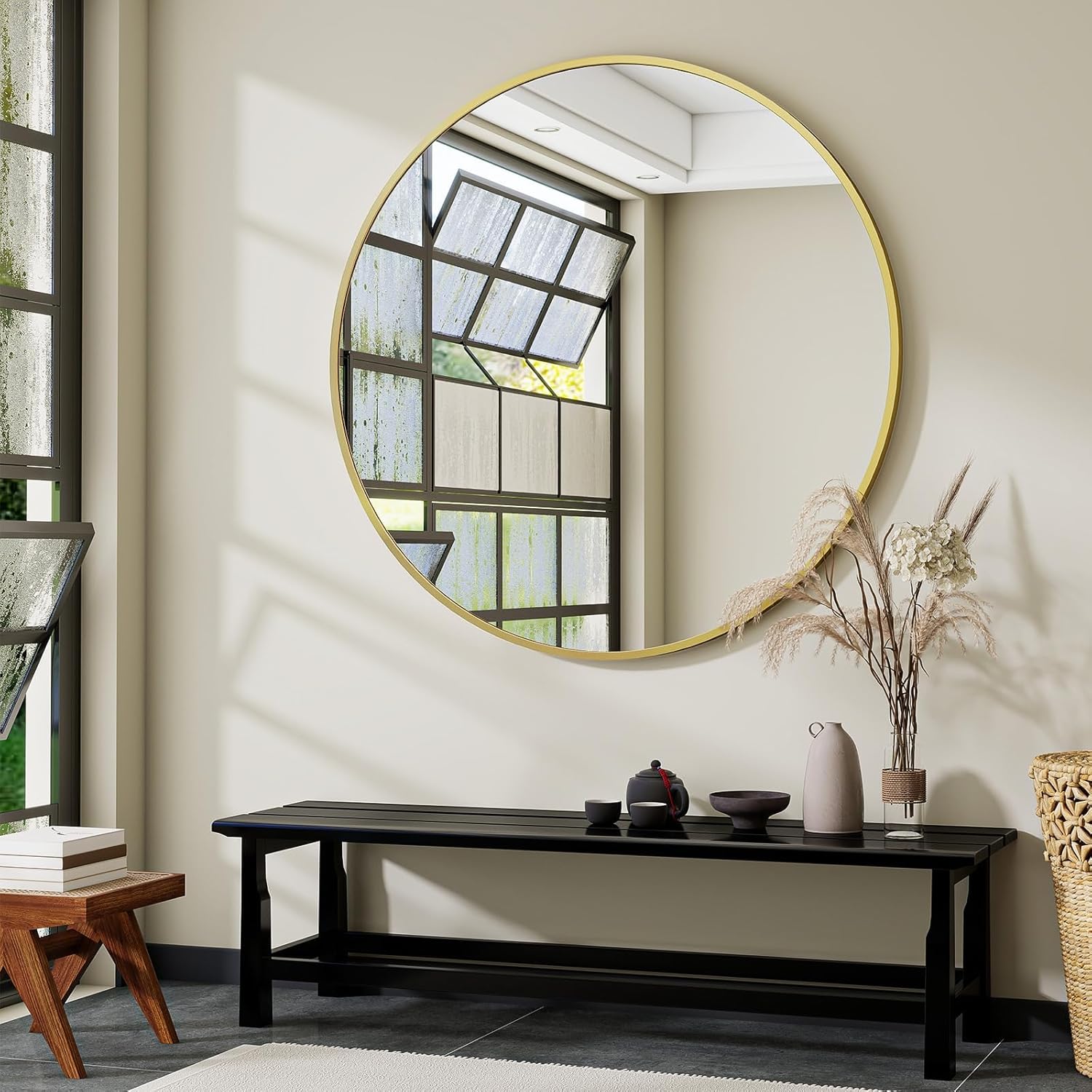 Large Gold Round Bathroom Mirror with Modern Metal Frame