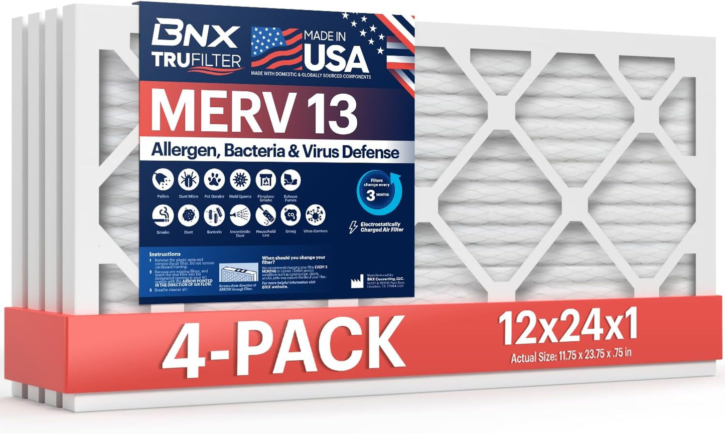 BNX TruFilter 12x24x1 MERV 13 Air Filter for Allergies & More