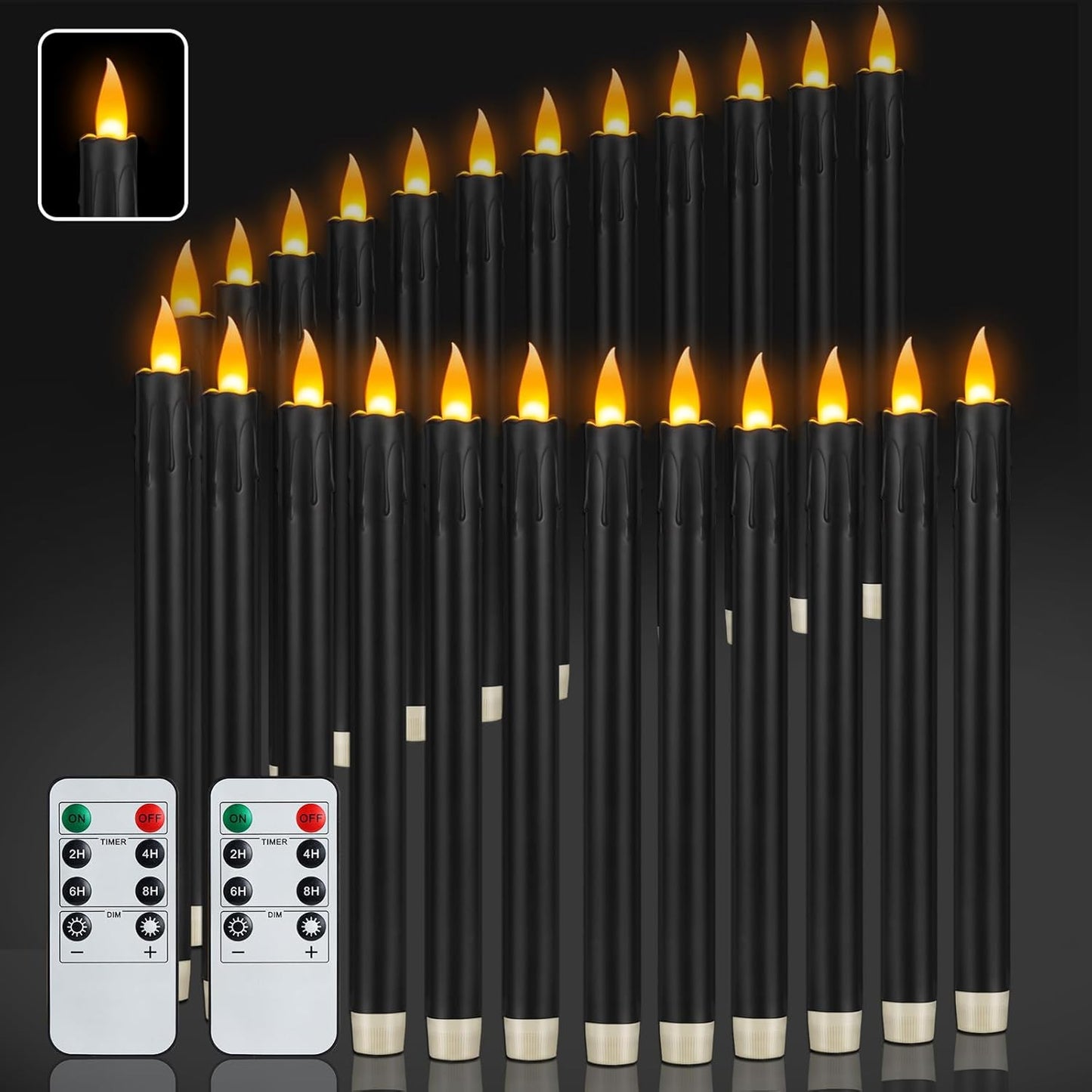 24 Pcs Black Flameless Taper Candles with Remote Control