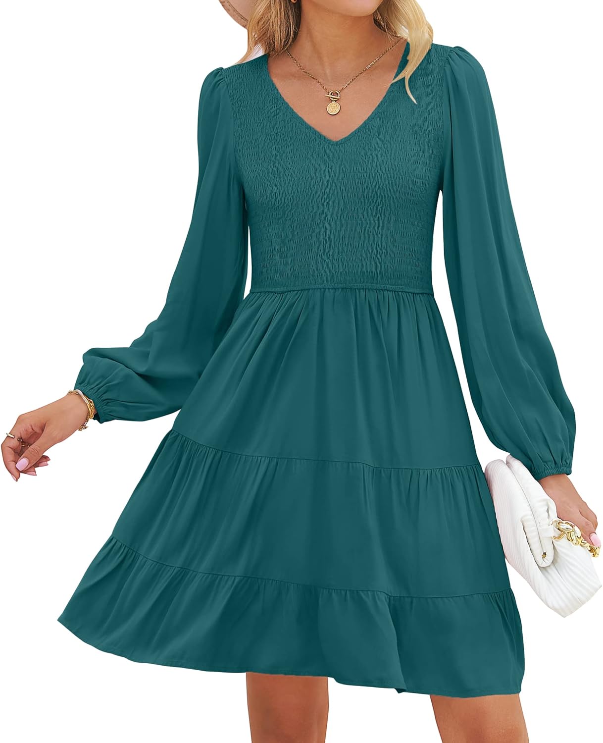 ZESICA Women's Casual V Neck Long Sleeve Ruffle Mini Dress