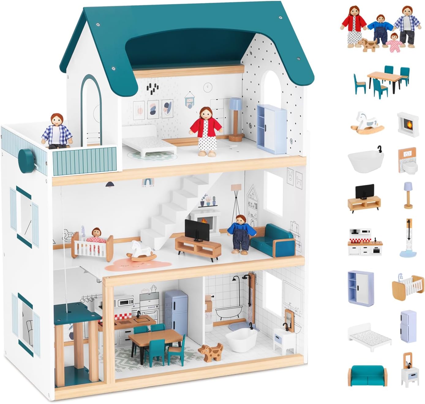 OOOK Wooden Dollhouse with Elevator for Kids - 2.6 Feet High