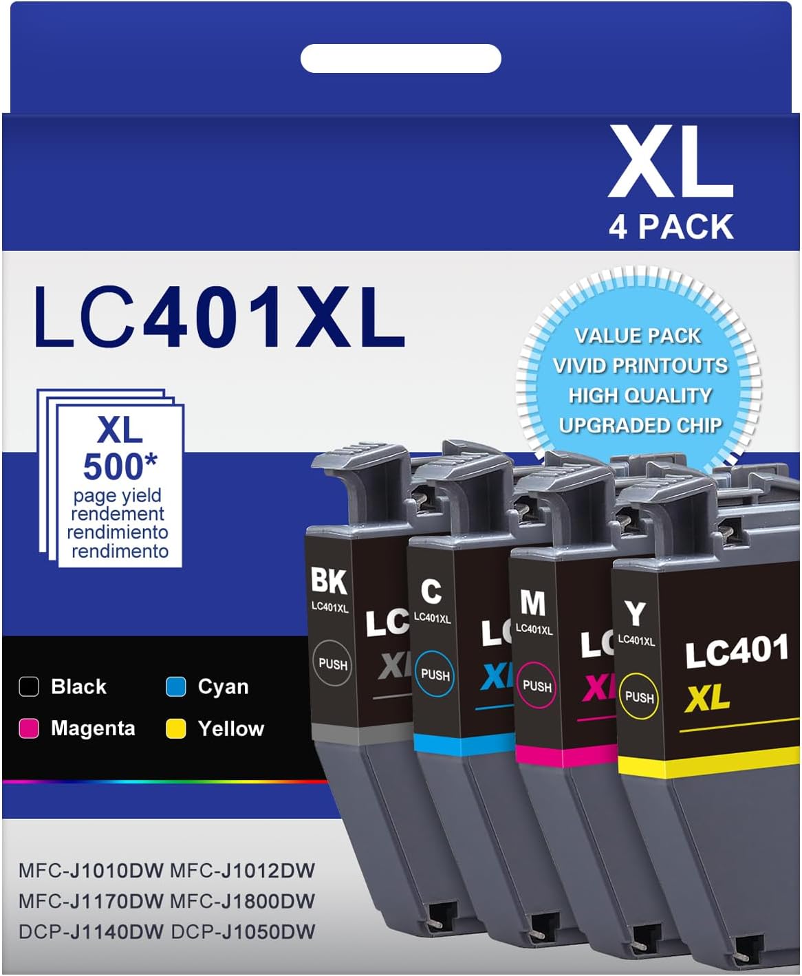 High Yield LC401 Ink Cartridges for Brother Printers - 4 Pack