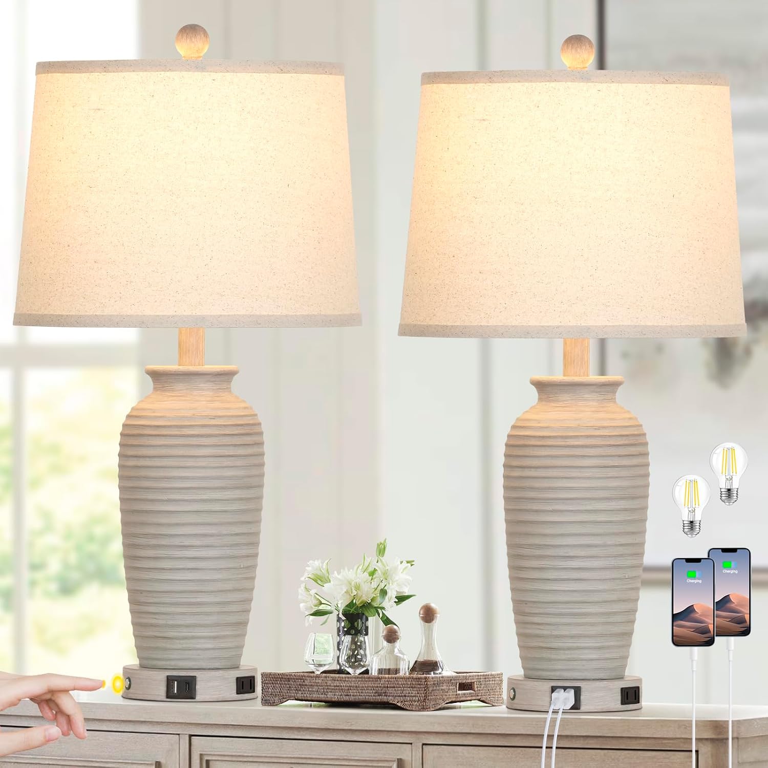 25 Farmhouse Jar Table Lamps Set of 2 with USB Ports and AC Outlet