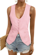 Women's Scoop Neck Linen Blazer Vest - Fitted Sleeveless Waistcoat