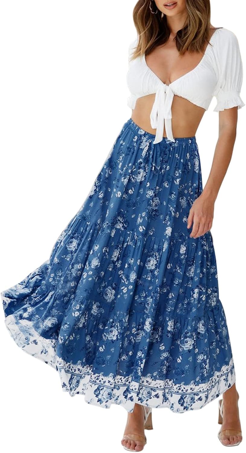 Bohemian Floral Printed Elastic Waist Maxi Skirt with Pockets