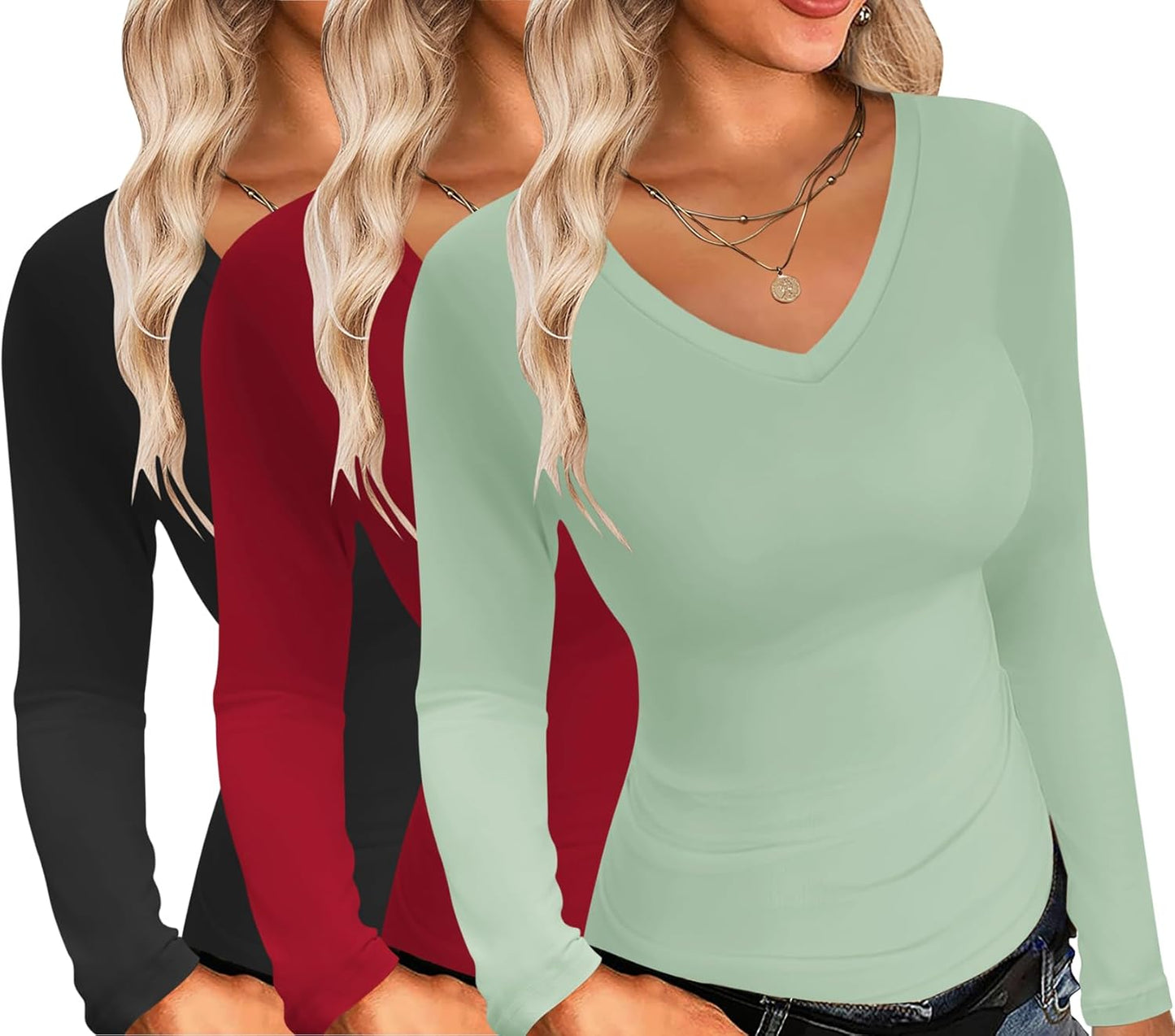 Ekouaer Womens Long Sleeve V Neck Slim Fit Layer Tops 2024