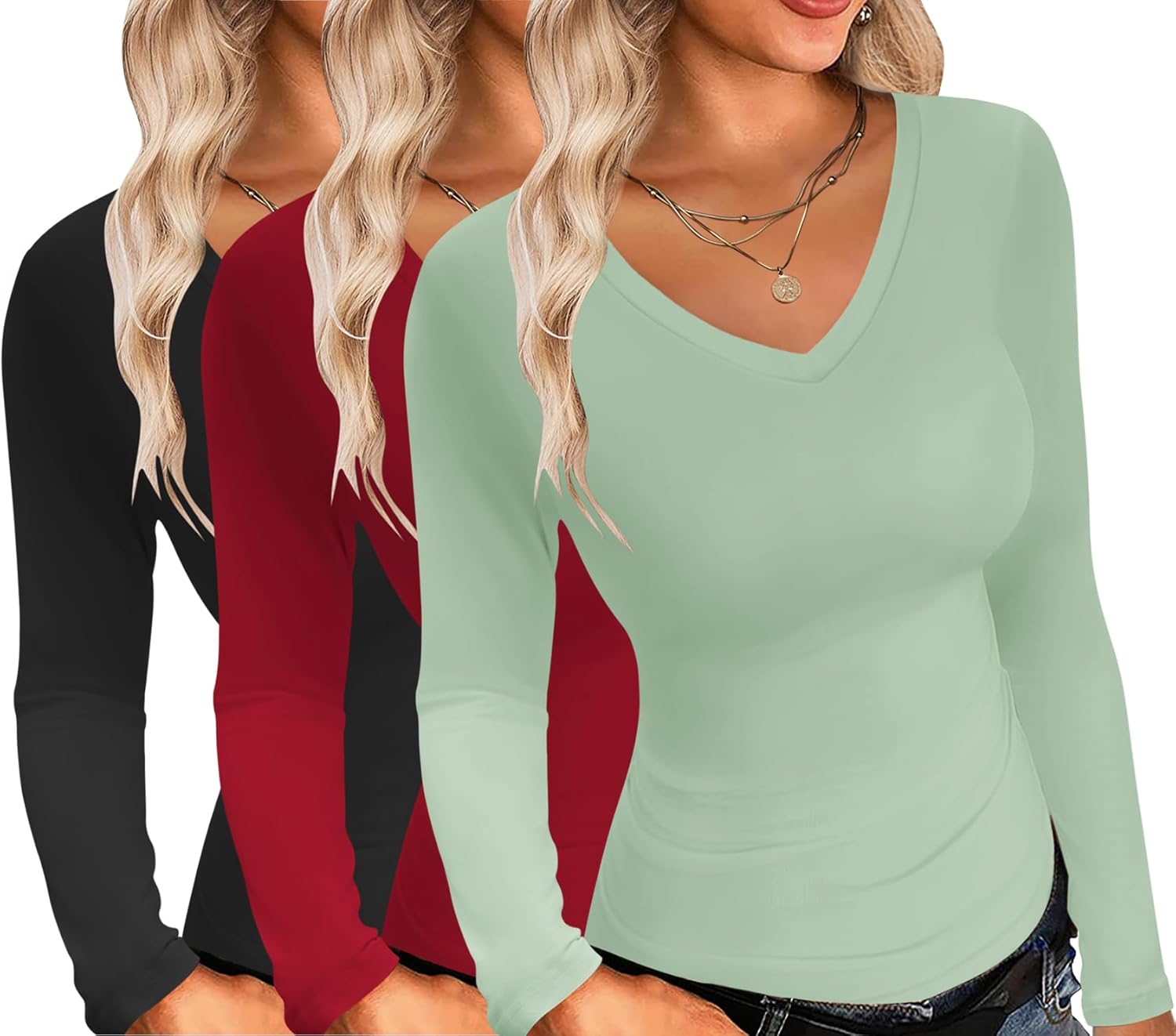 Ekouaer Womens Long Sleeve V Neck Slim Fit Layer Tops 2024