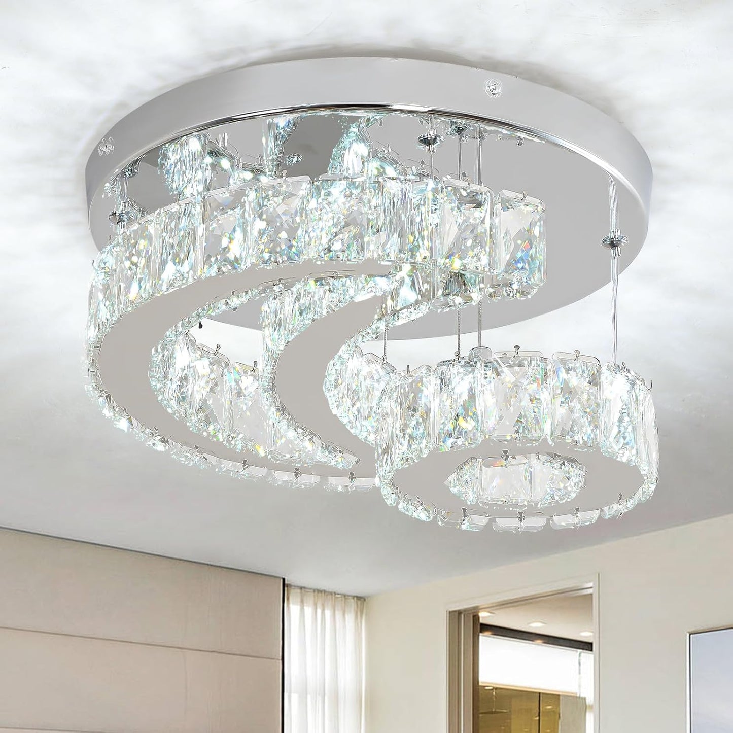 11.8 Inch Crystal Chandelier Flush Mount Light Fixture for Home