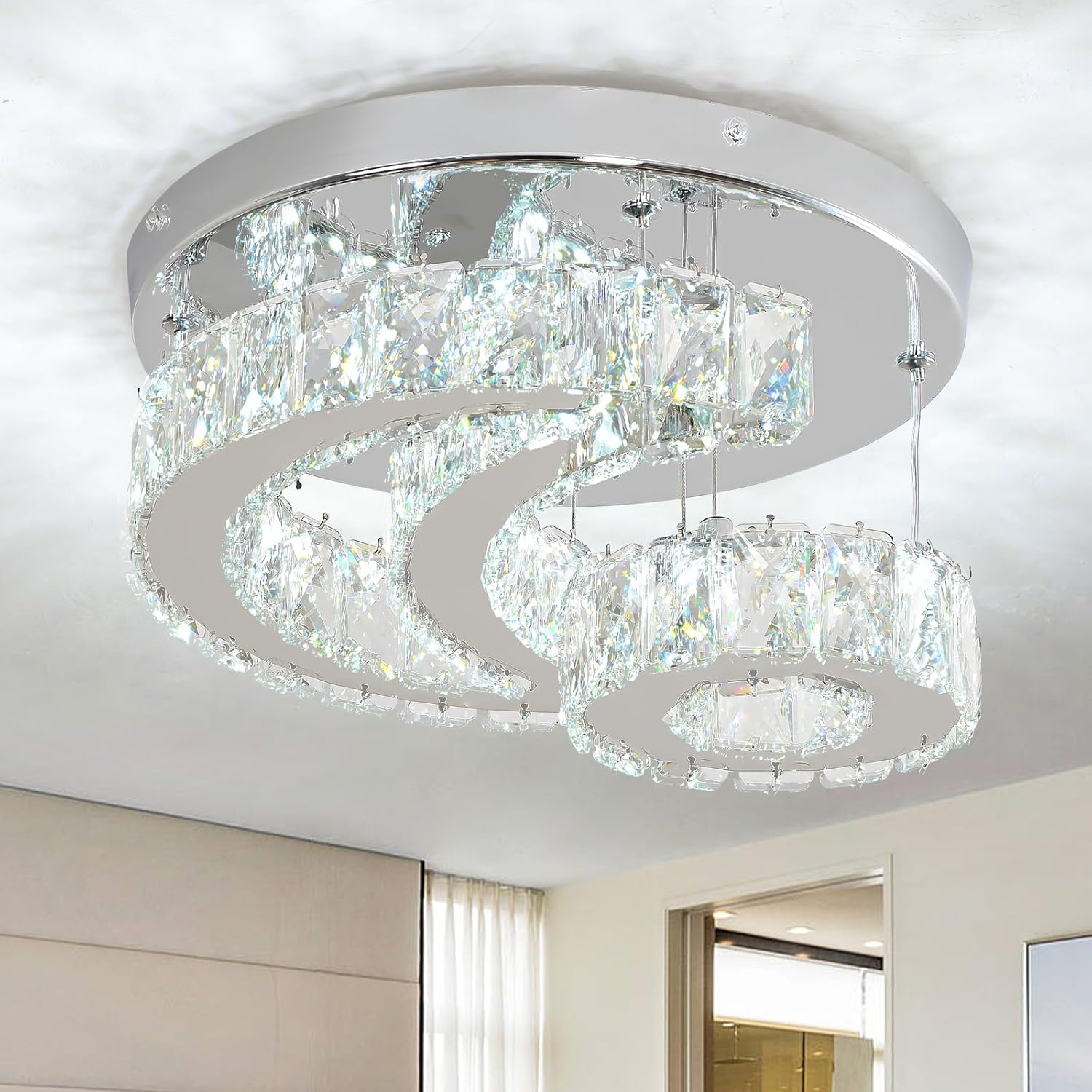 11.8 Inch Crystal Chandelier Flush Mount Light Fixture for Home