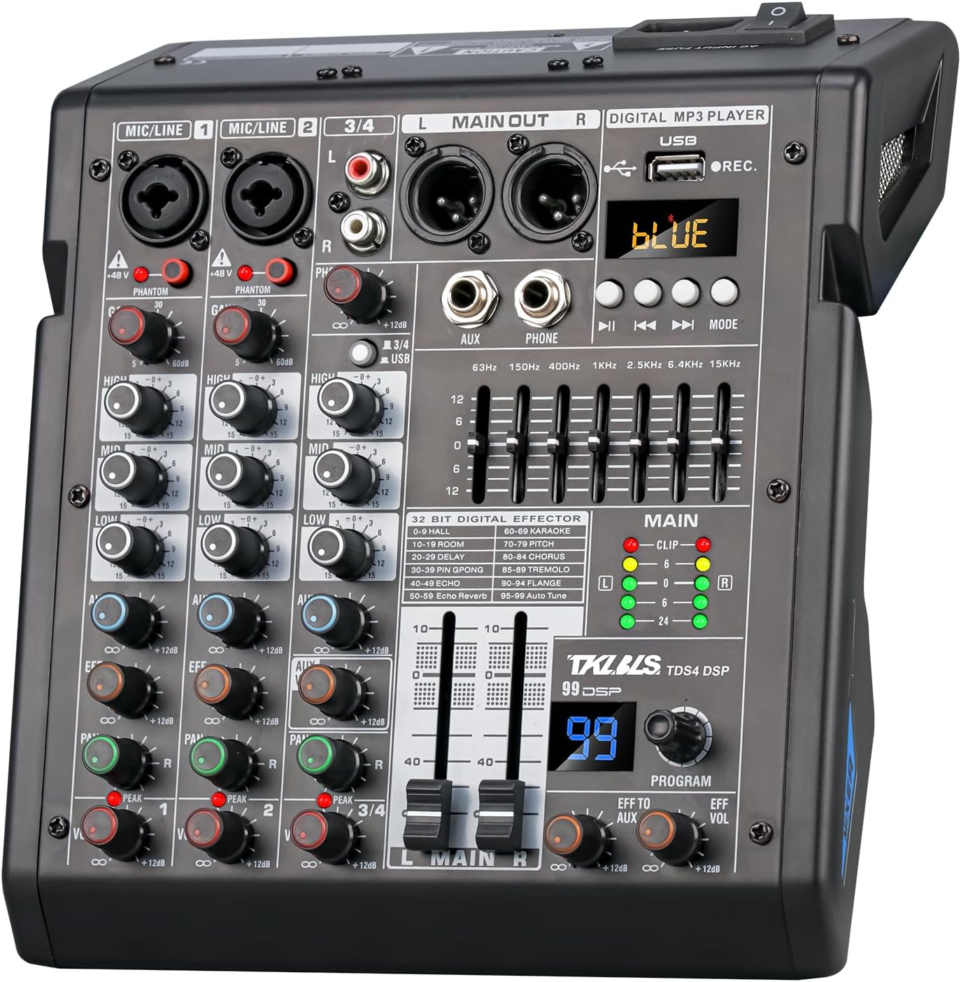 4 Channel Audio Mixer with 99 DSP Effects and 48V Phantom Power