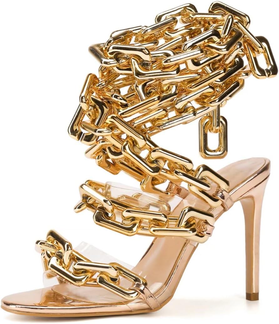Luxury Women's Ankle Leg Lace Up Gold Link Chain Sandals