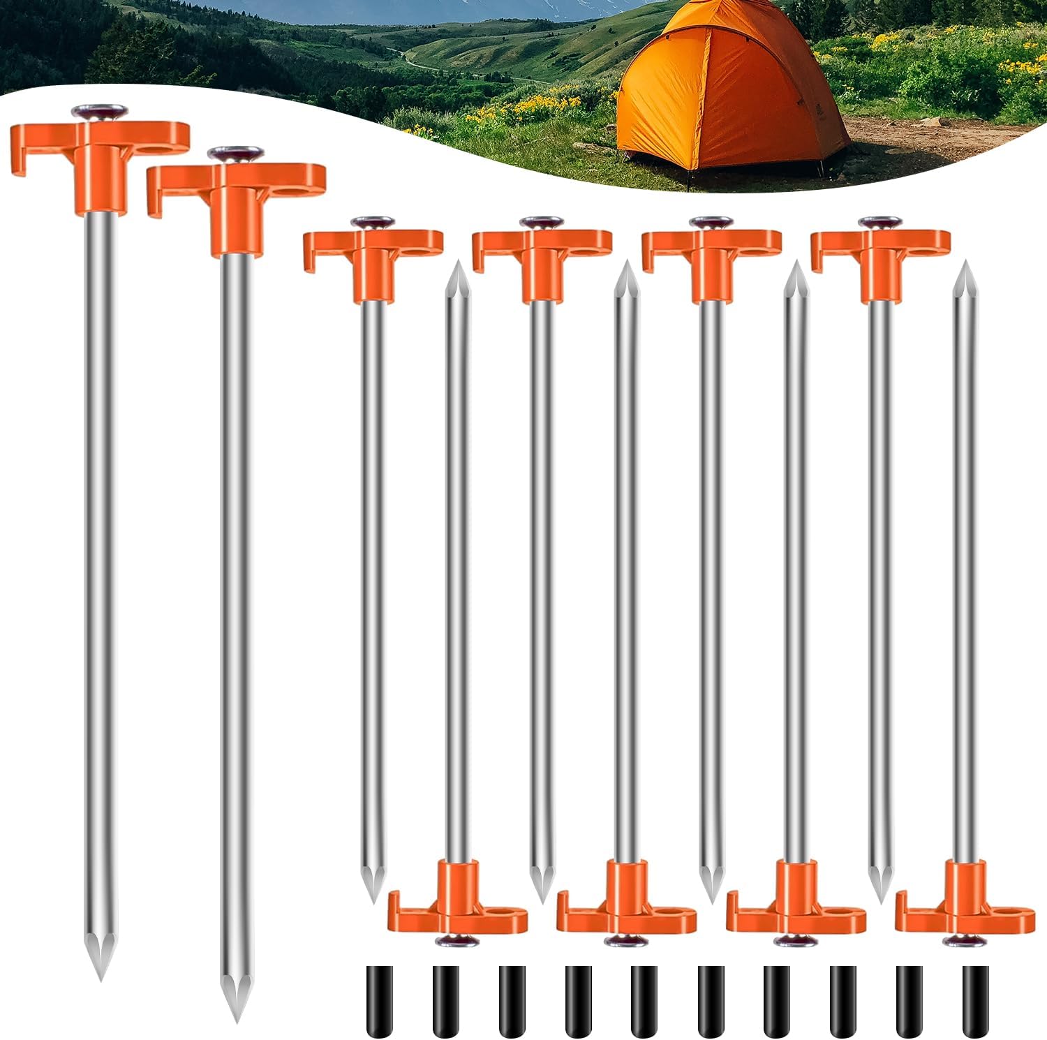 10PC Heavy Duty Camping Tent Stakes Set - Non-Rust Metal Pegs with Rubber Sleeves