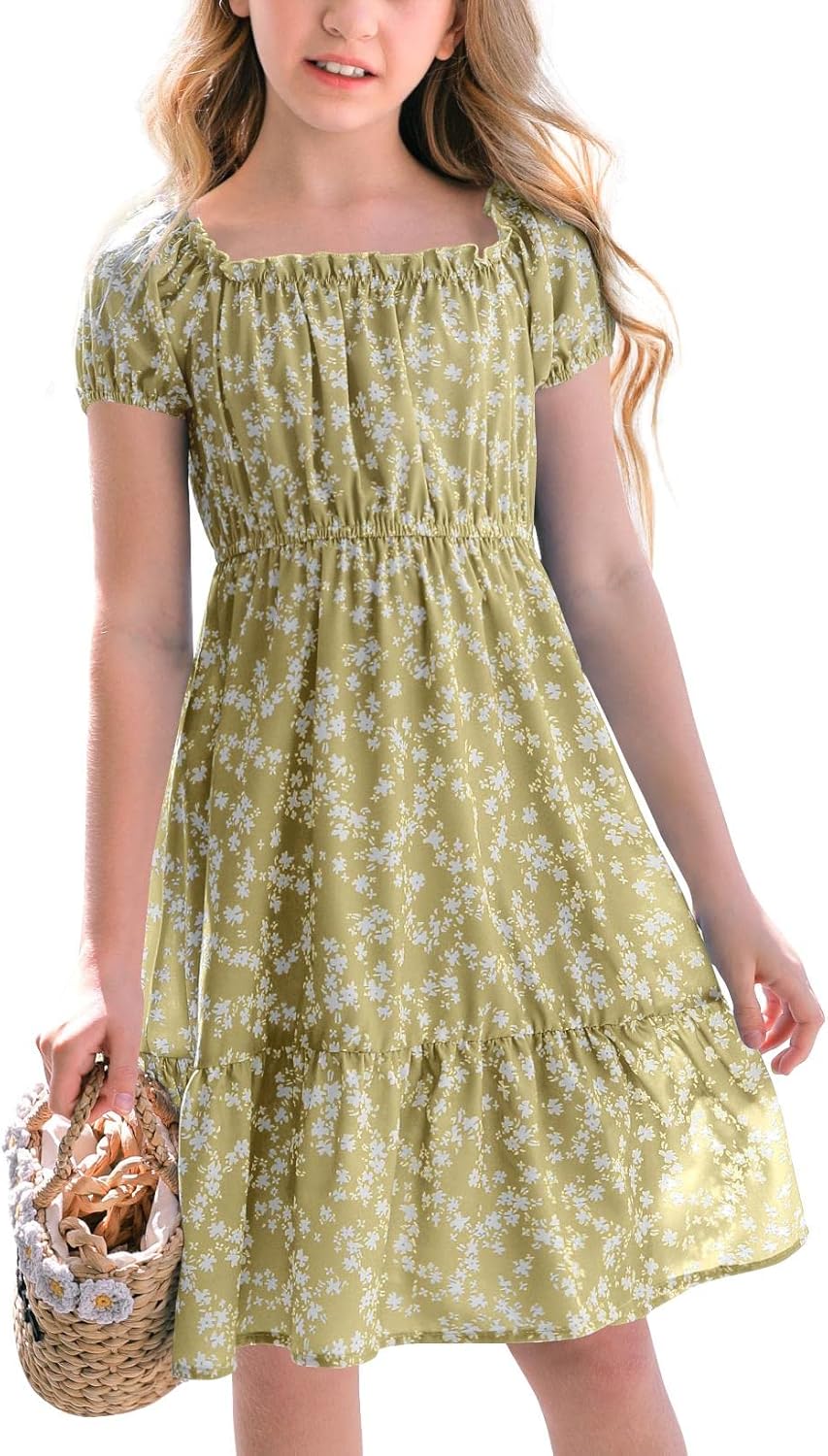 Girls Summer Dress Floral Square Neck Puff Sleeve A-Line Midi