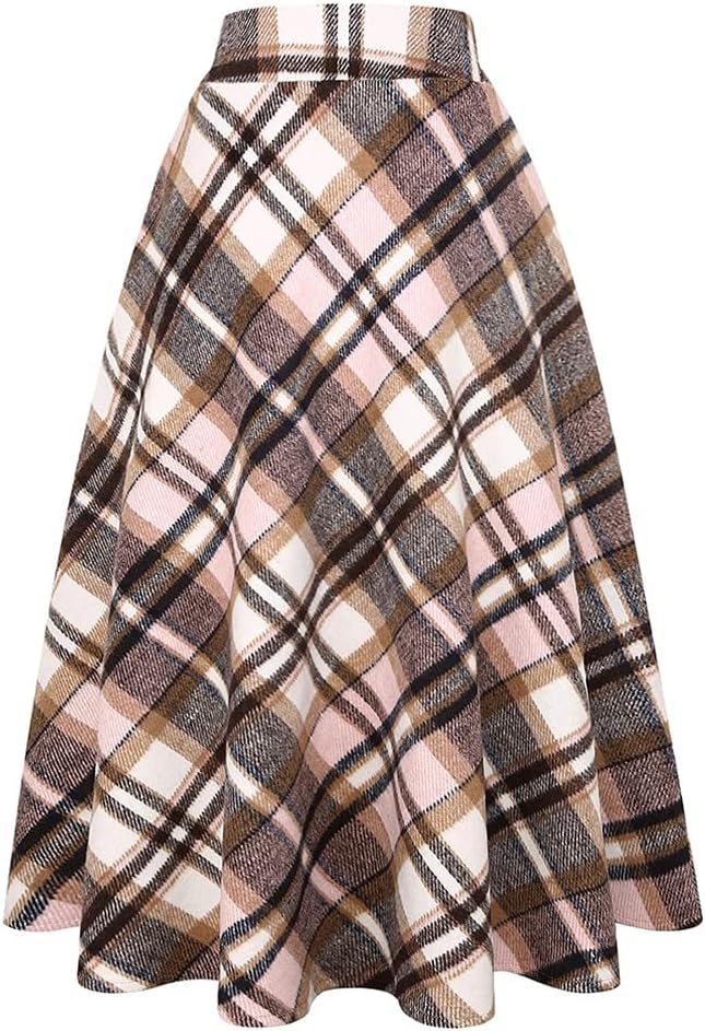 Long Plaid Wool Skirt for Womens Winter Fall Warm High Waist