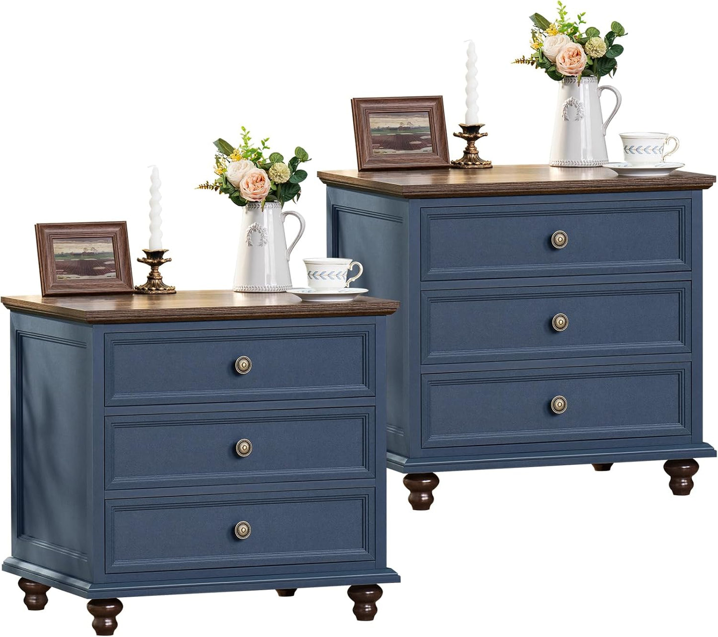 Farmhouse Night Stand Set of 2 with 3 Drawers for Bedroom
