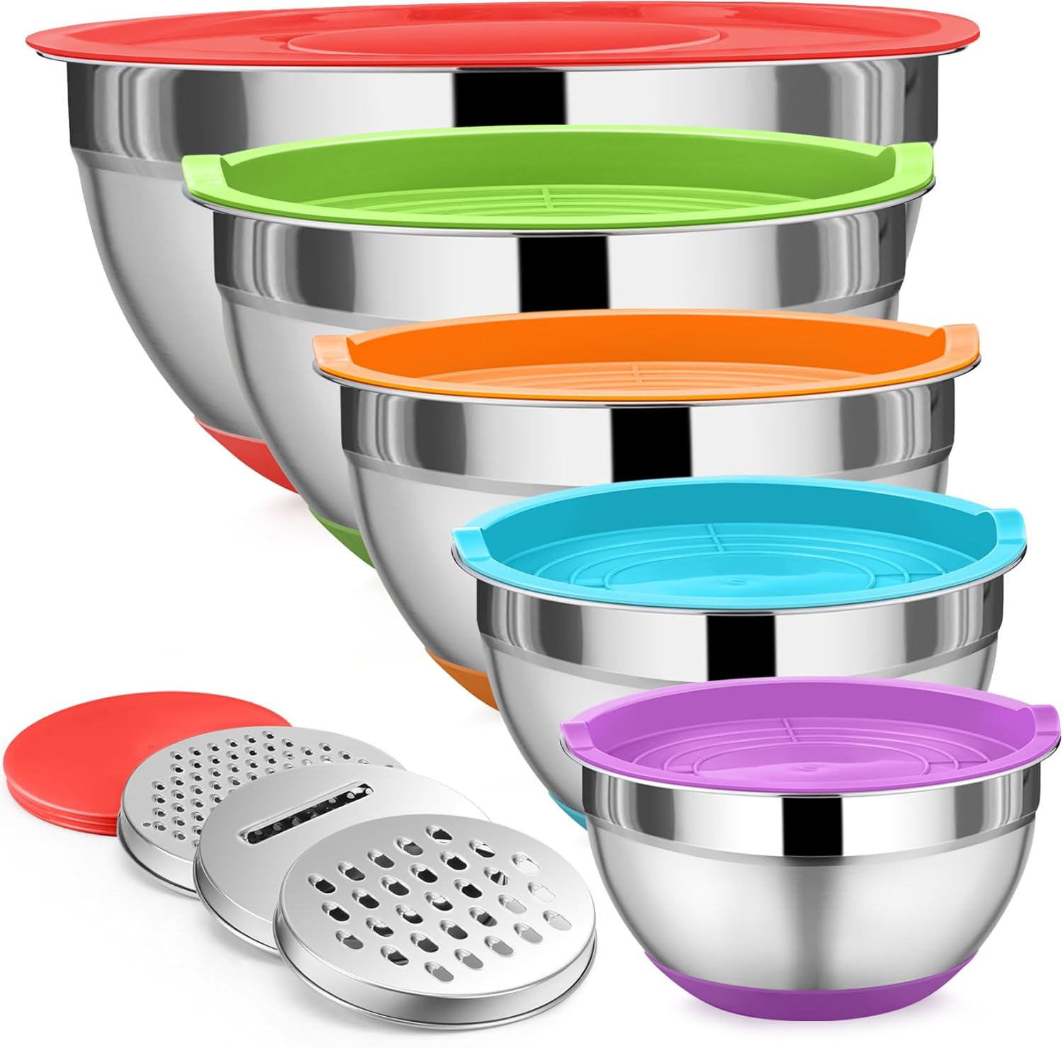 P&P CHEF Mixing Bowl Set with Lid, 5 Piece Stainless Steel