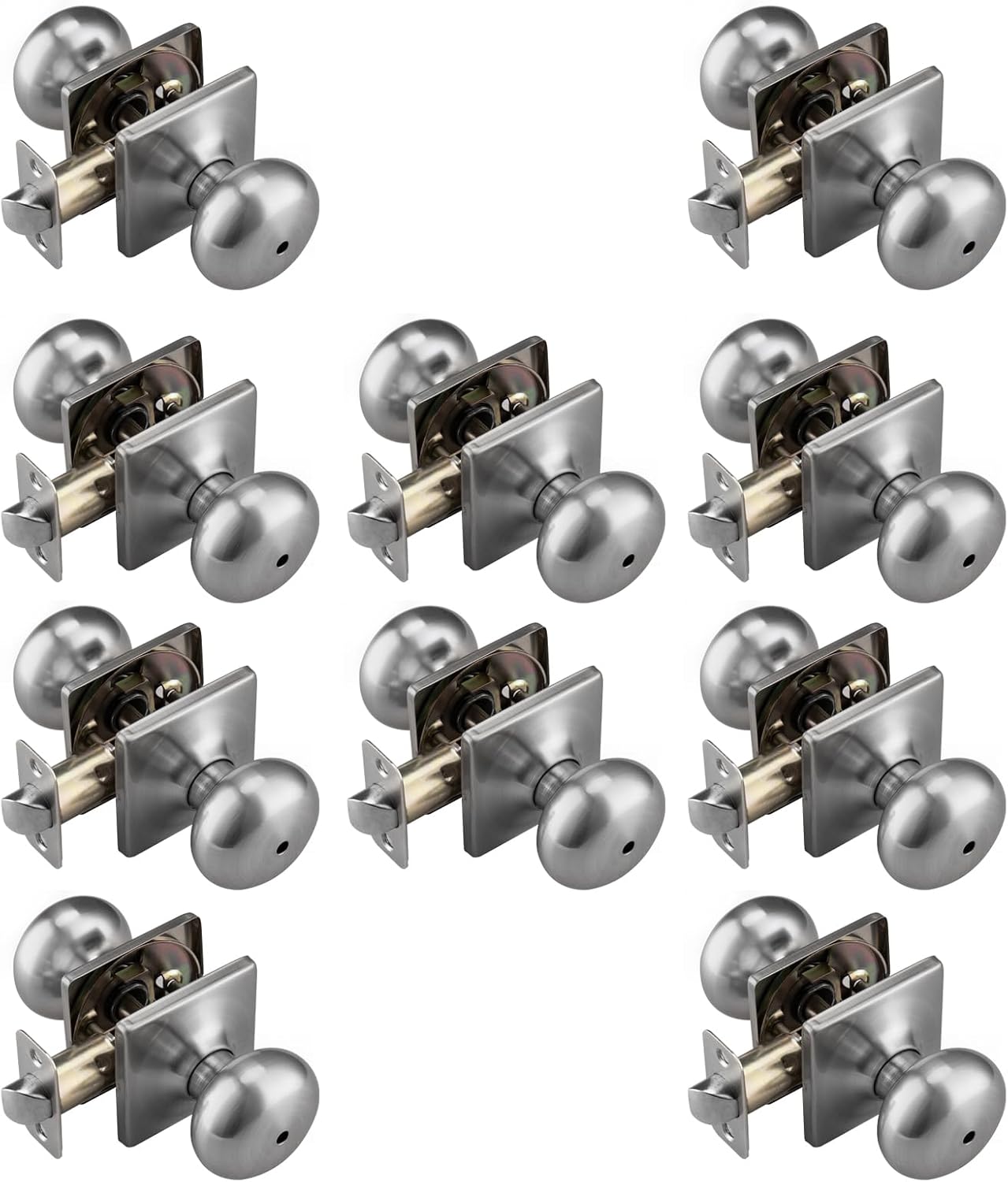Brushed Nickel Door Knobs for Bath & Bed Doors - 10 Pack