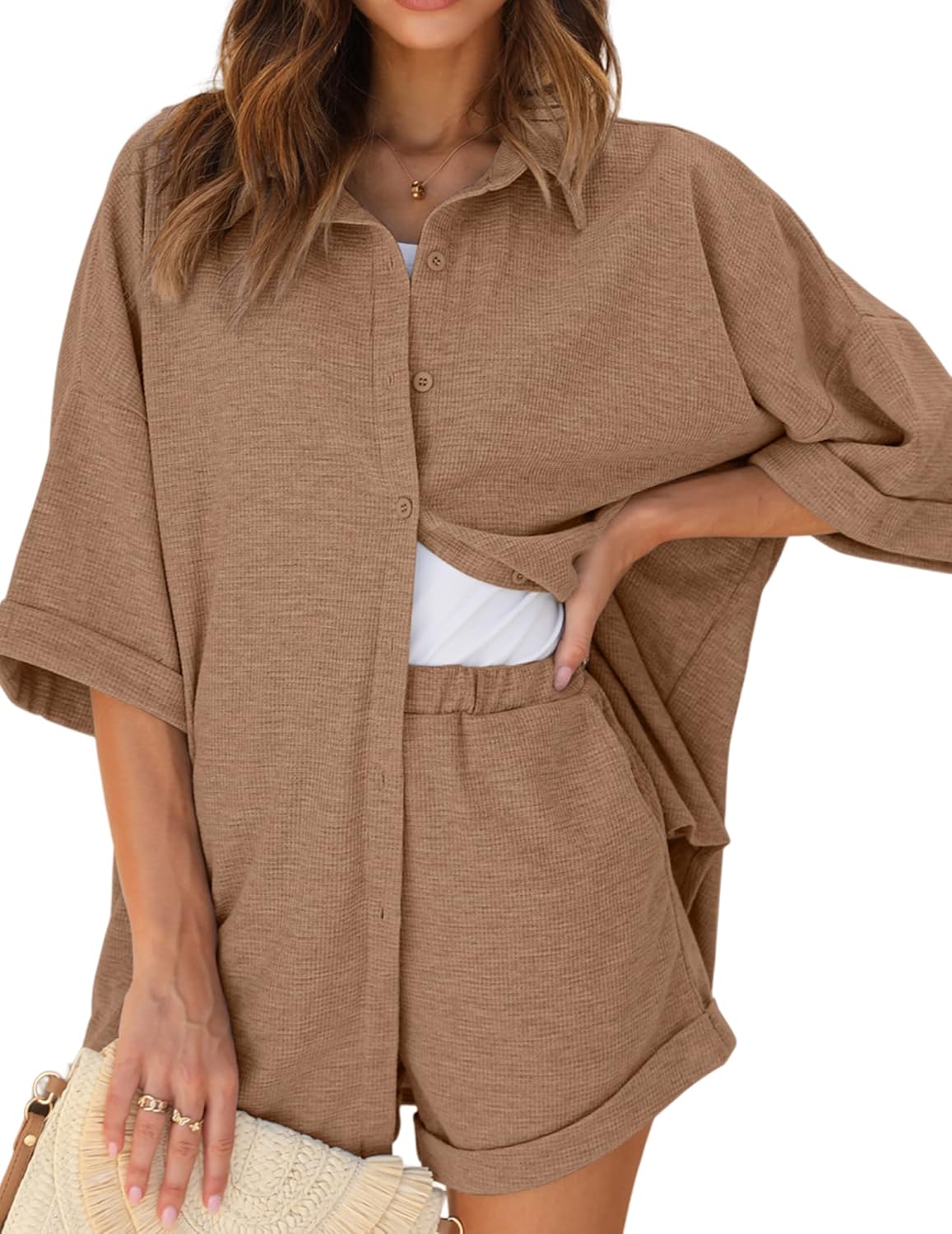 Ekouaer Waffle Knit Lounge Sets for Women - Cozy Pajama Set