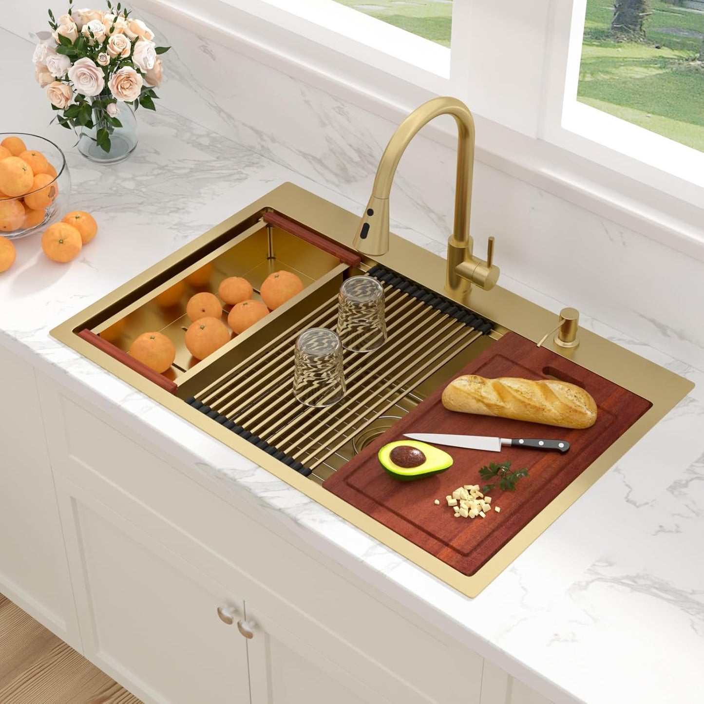 Sarlai 33 Gold Drop In Sink - Durable Workstation Kitchen Sink
