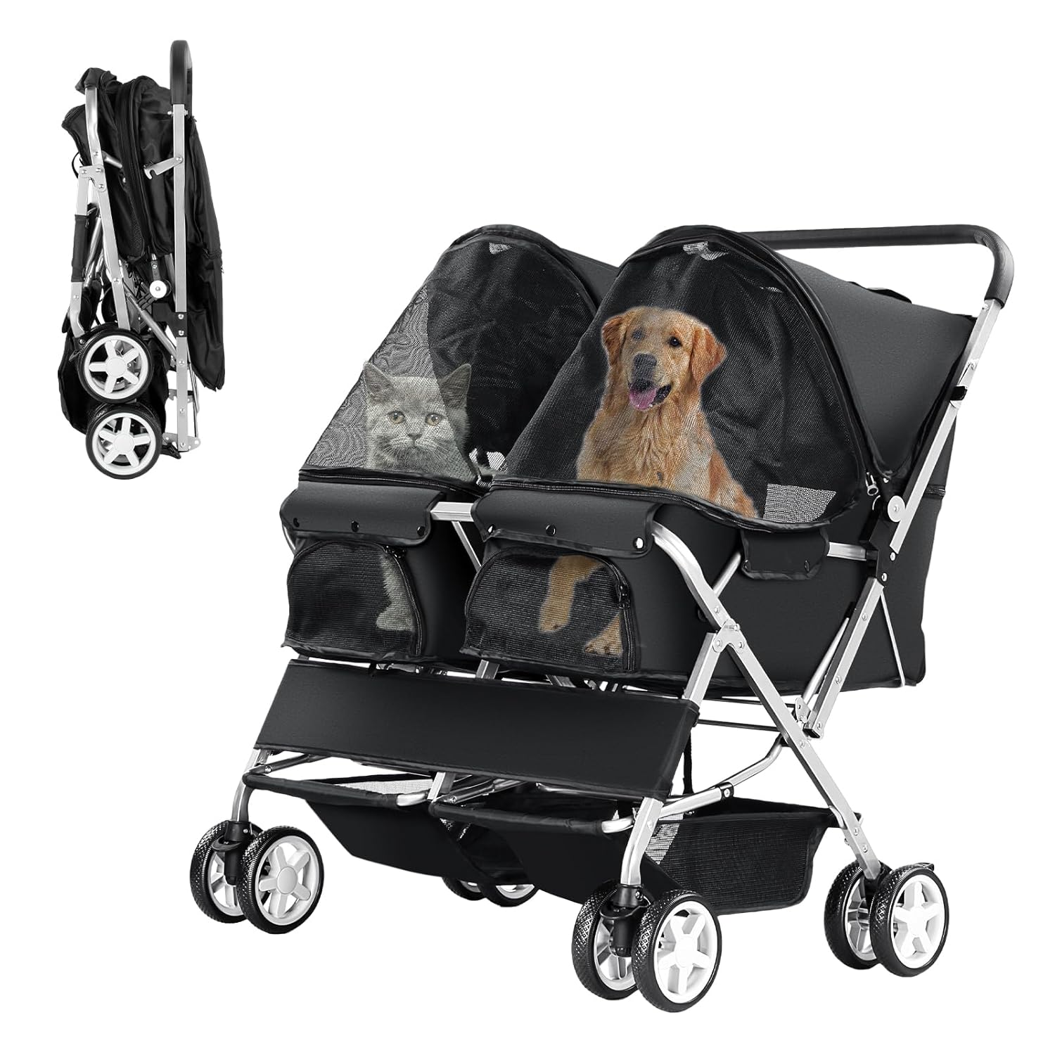 Double Pet Stroller for 2 Dogs & Cats, Foldable Carrier Cart