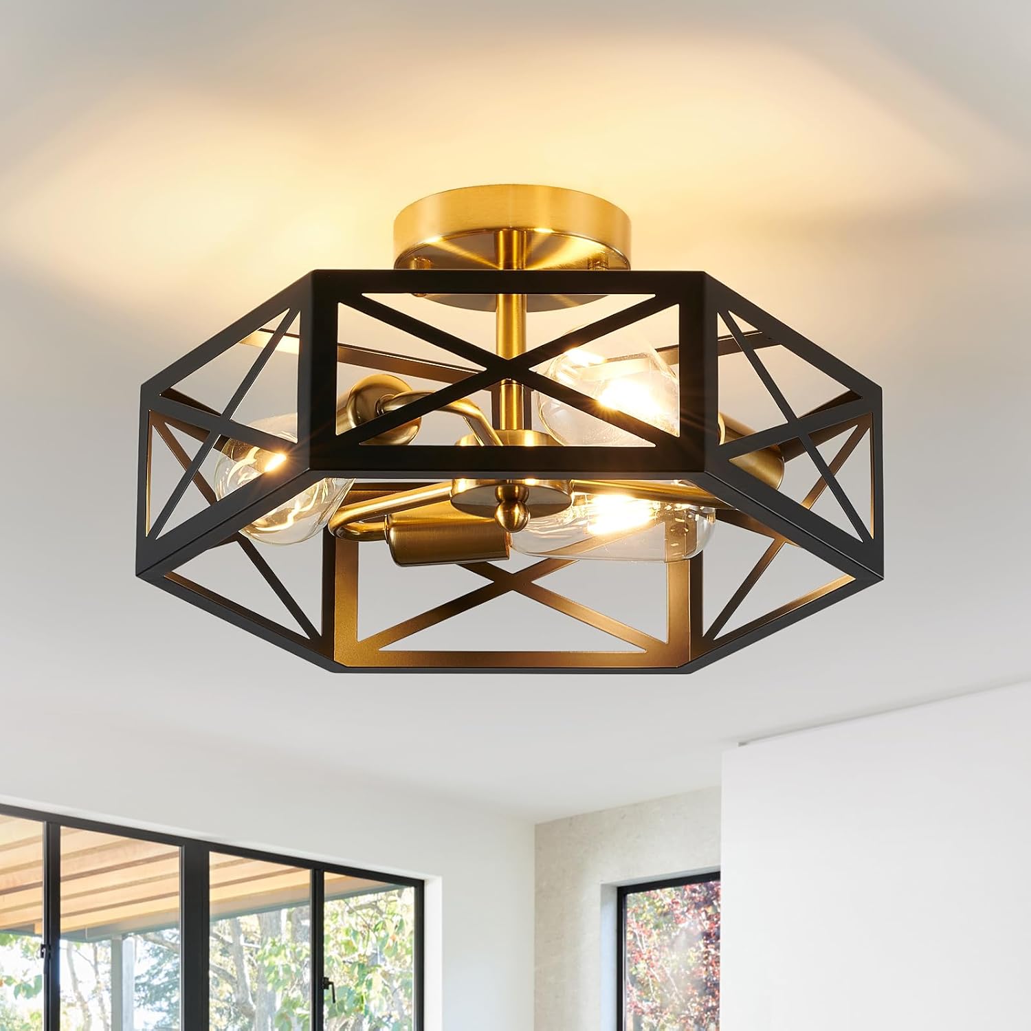 Modern Flush Mount Ceiling Light with Hexagon Cage Design