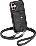 Crossbody Phone Case for iPhone 16 Plus - Genuine Leather Wallet Case