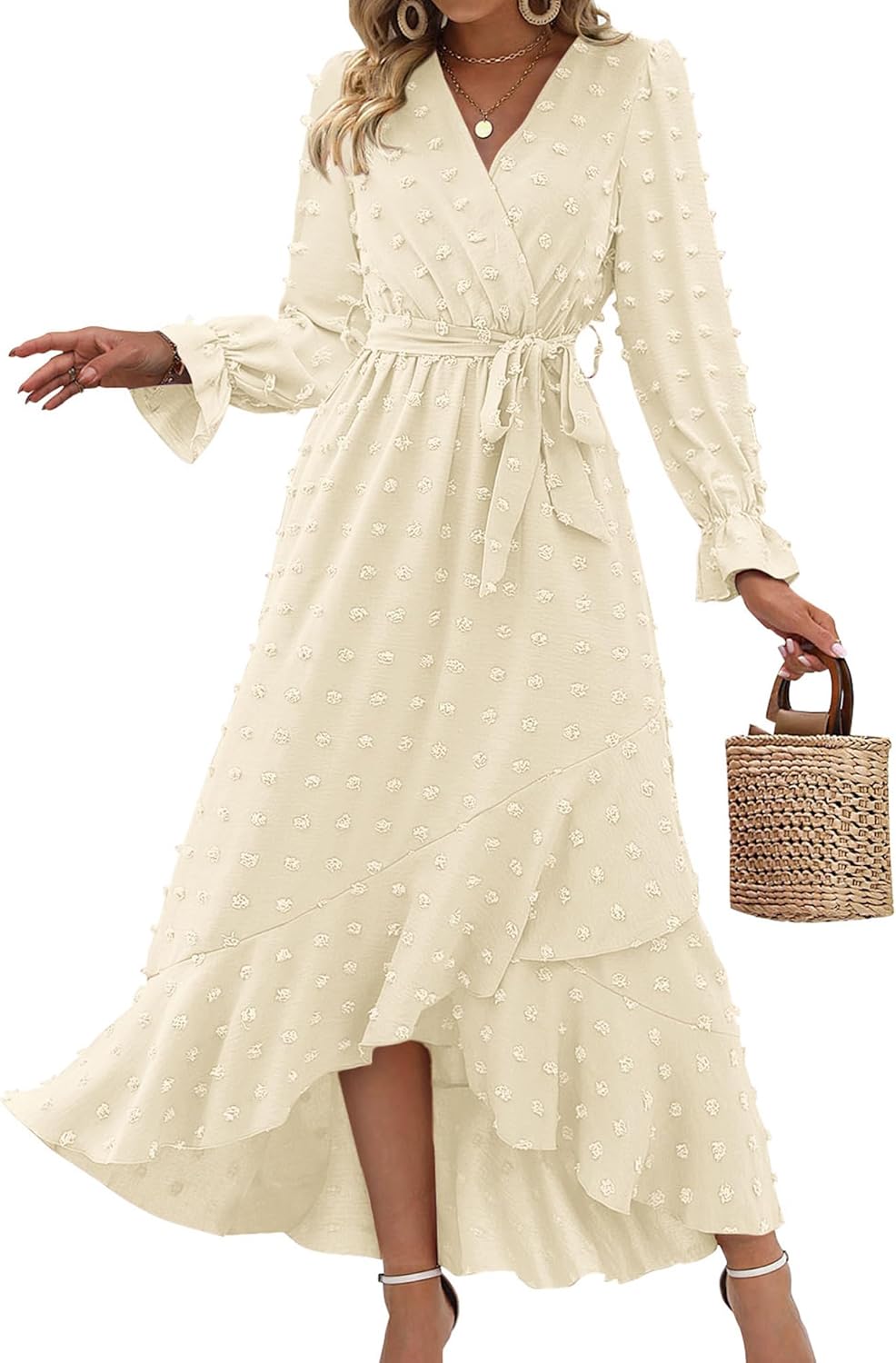 BTFBM Long Sleeve Maxi Dresses for Women with V Neck Design