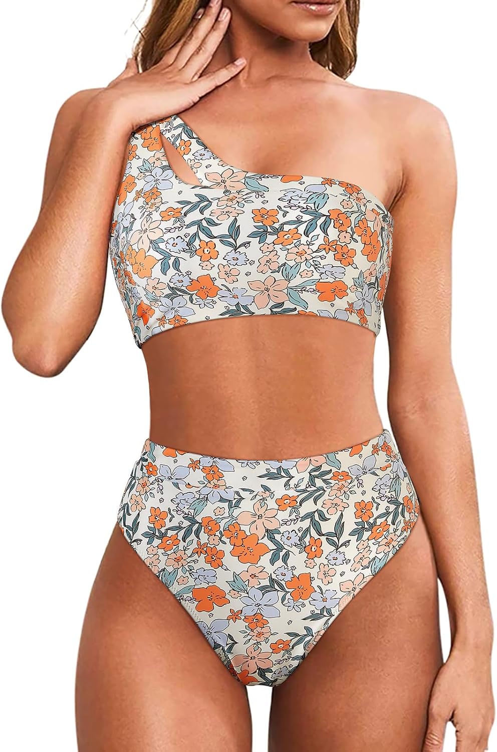 MOOSLOVER Women Cutout One Shoulder High Waisted Bikini Set