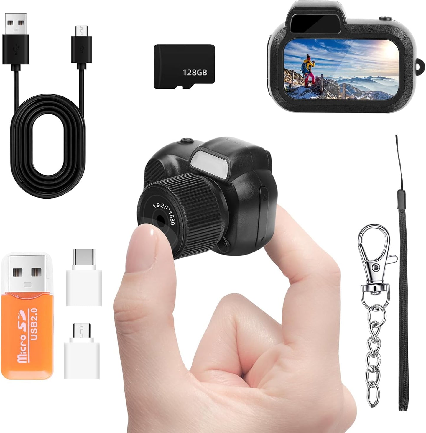 Retro Mini Keychain Camera, FHD 1080p, 128GB SD, 8 Filters