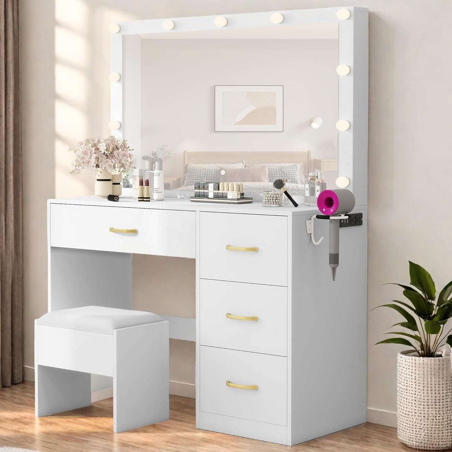 DWVO Lighted Makeup Vanity Set: Adjustable Lighting, Power Strip, 4 Drawers
