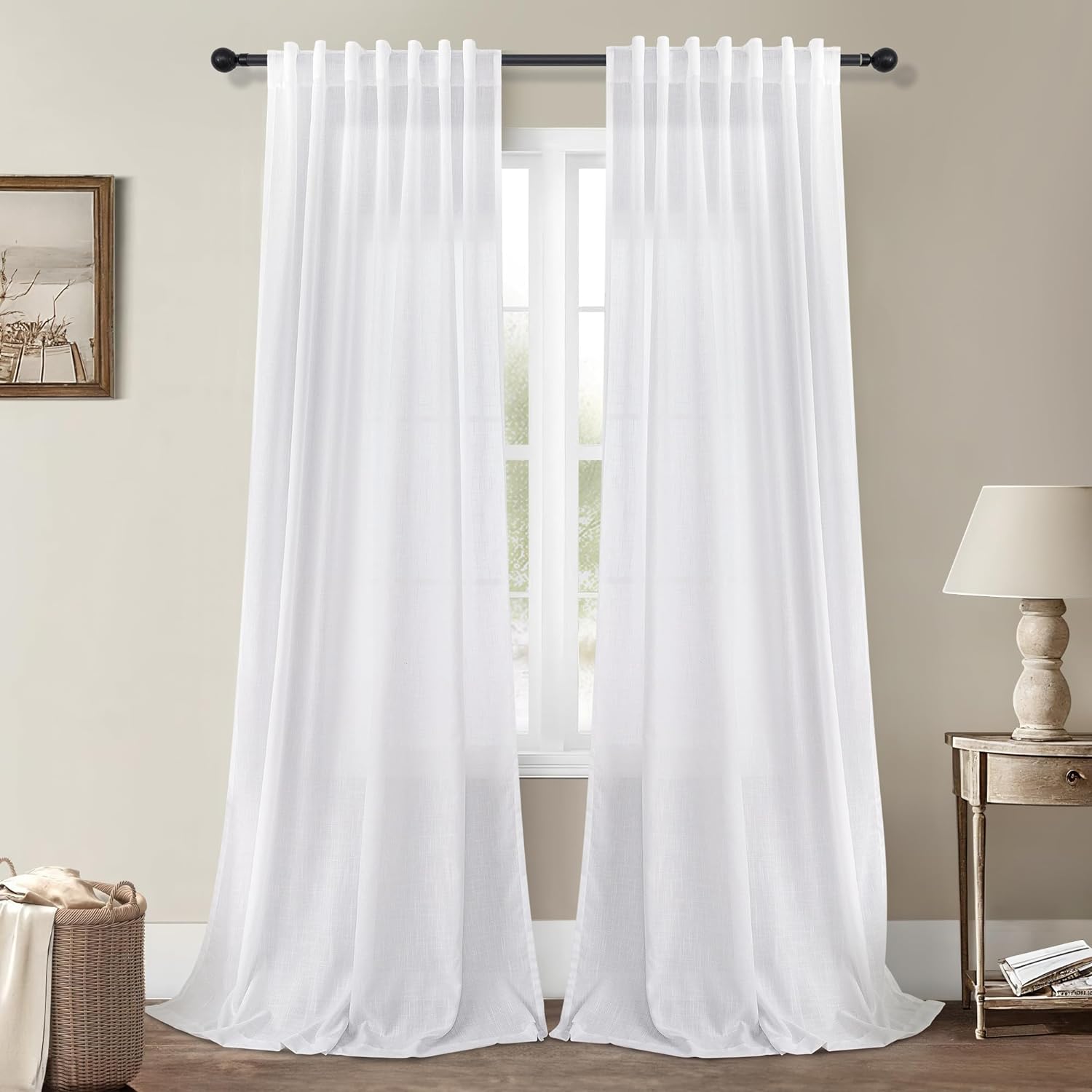 2 Panels Set White Linen Curtains for Living Room Decor