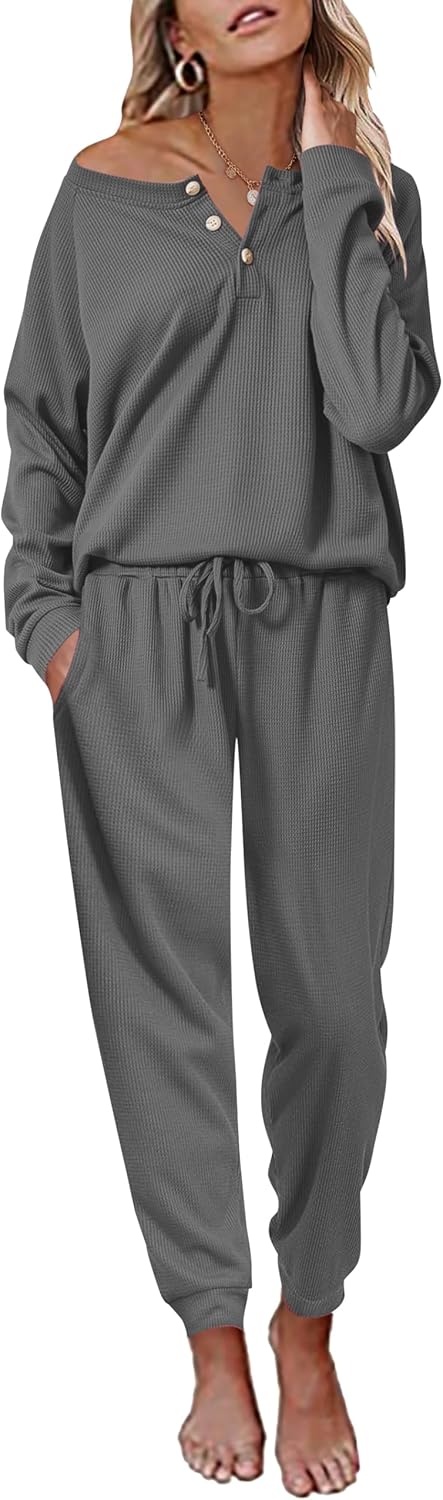 Ekouaer Pajamas Women's Waffle Knit Sleepwear Set for Comfort