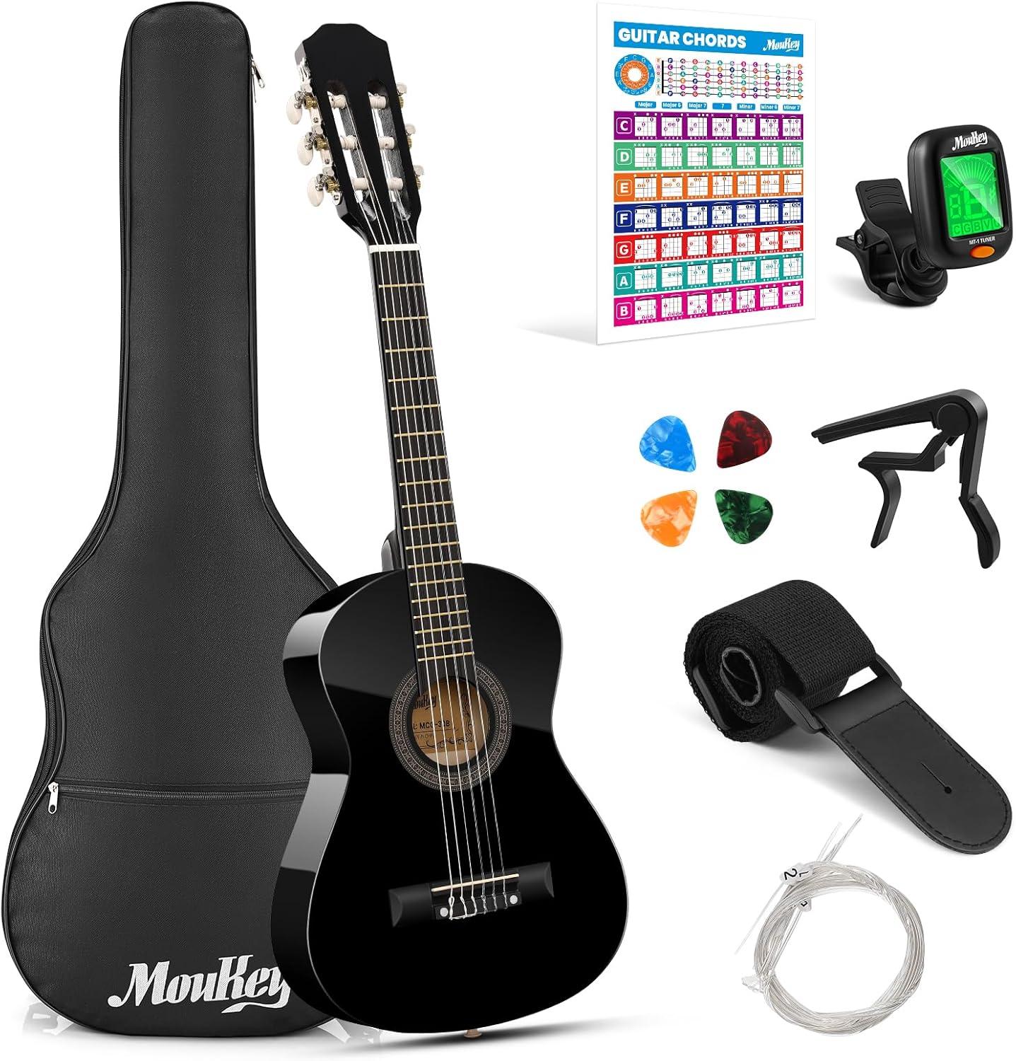 Beginner's Dream: Moukey 30 1/4 Size Acoustic Guitar Kit - Everything You Need in Stylish Black