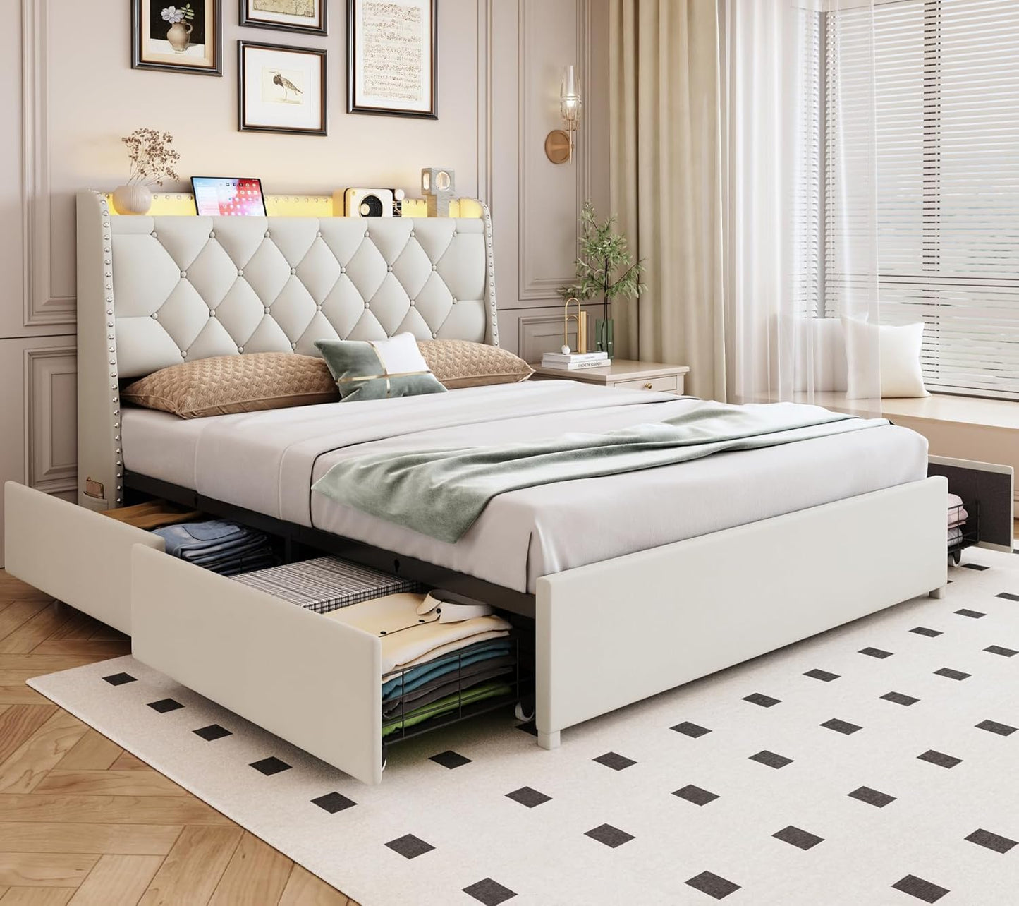 Queen Size Bed Frame with 4 Drawers and LED Lights for Storage