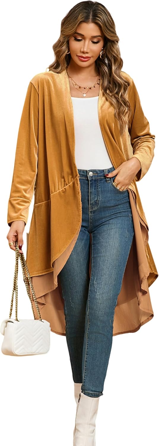 Ruffled Asymmetric Long Velvet Blazers Coat for Women