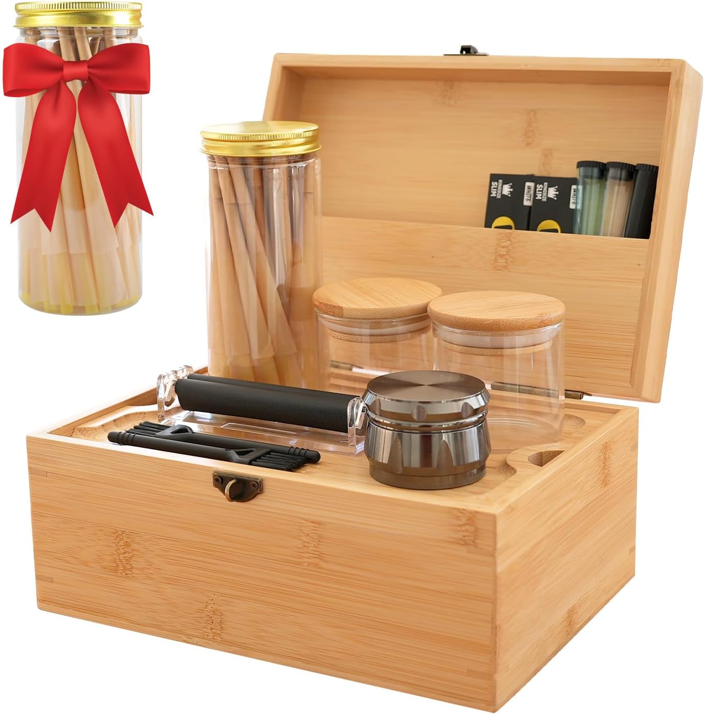 Large Bamboo Storage Box with Removable Tray Kit for Organizing