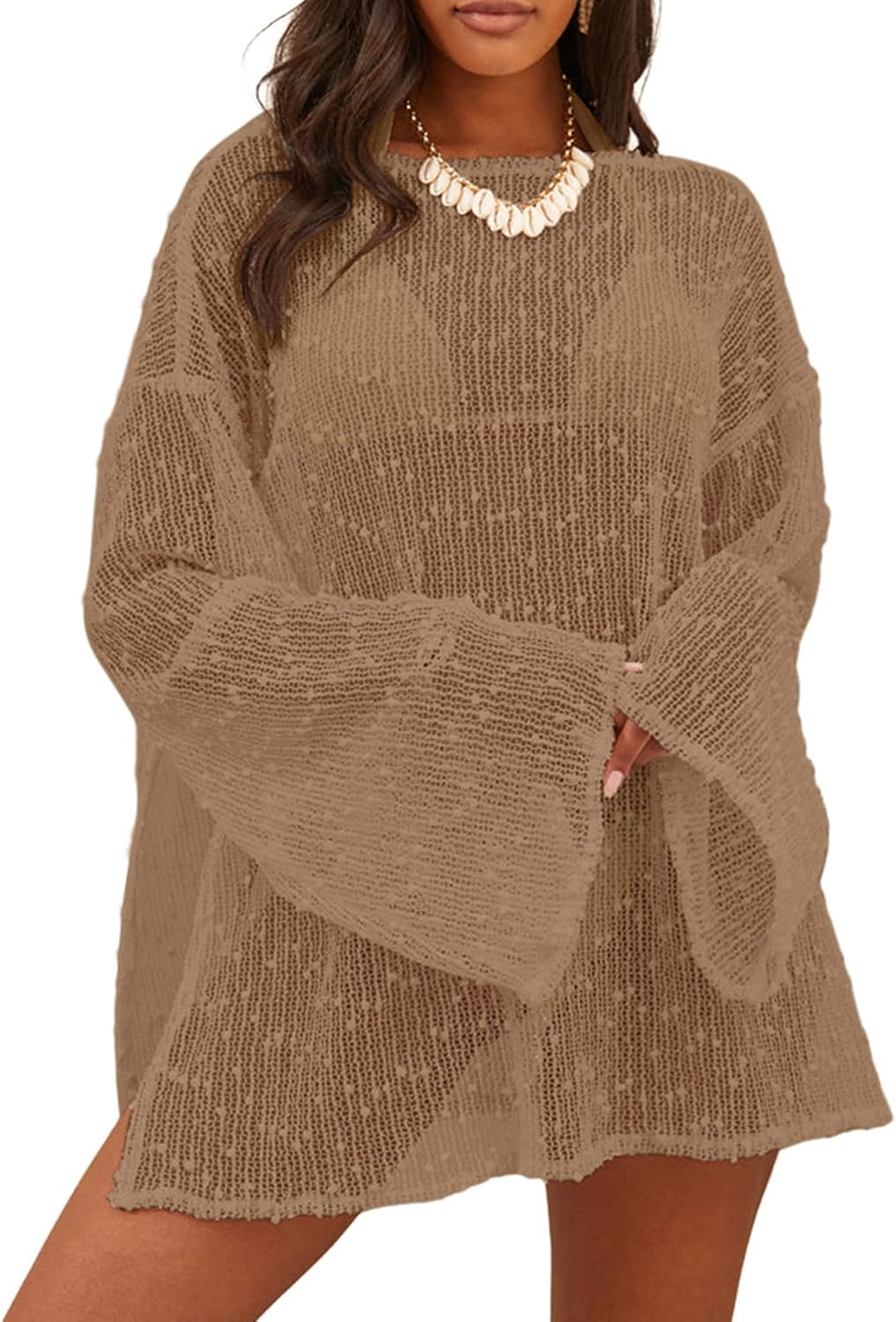 Lilosy Sexy Crochet Sheer Kaftan Beach Dress Swim Coverup