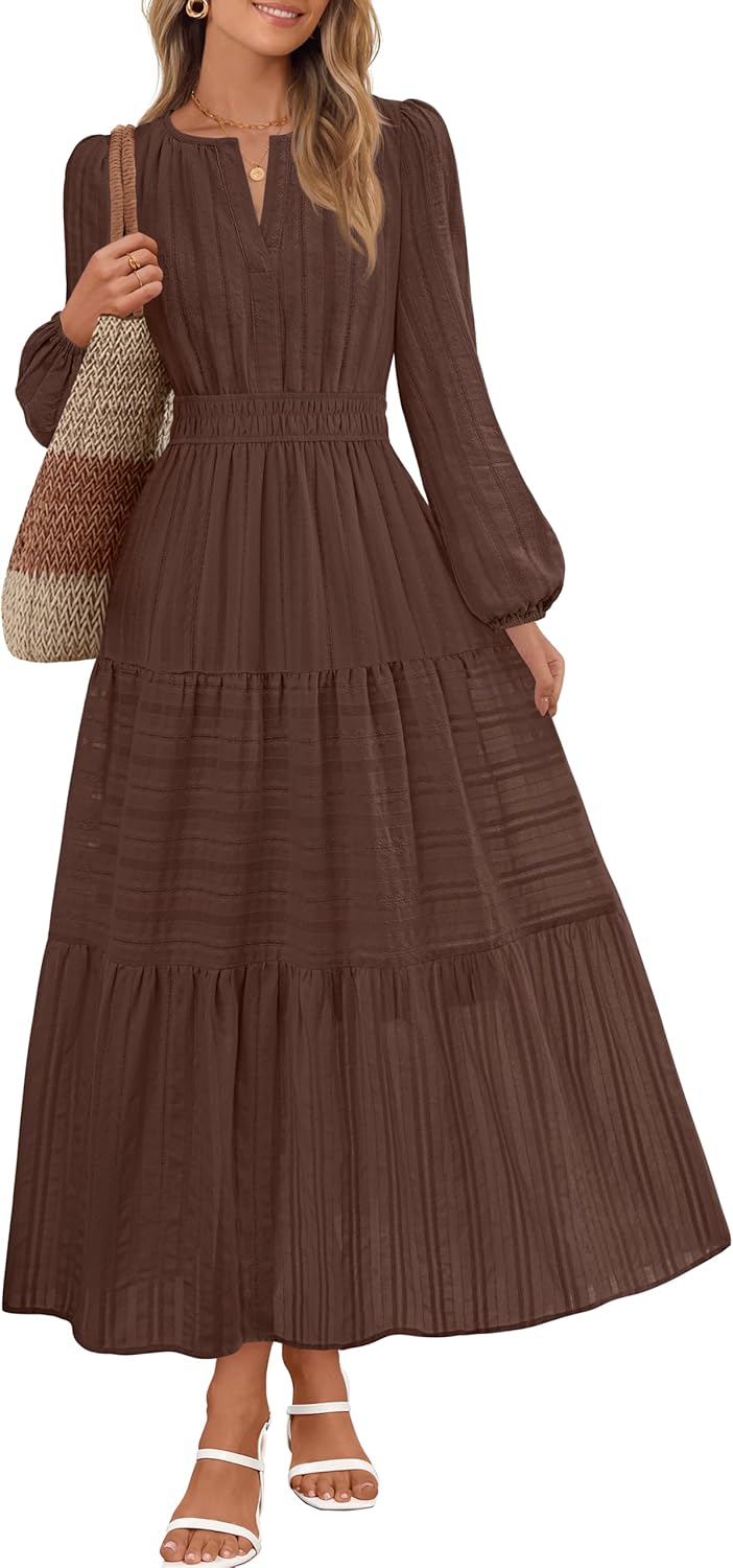 Stylish Long Sleeve Casual V Neck Tiered Cotton Maxi Dress