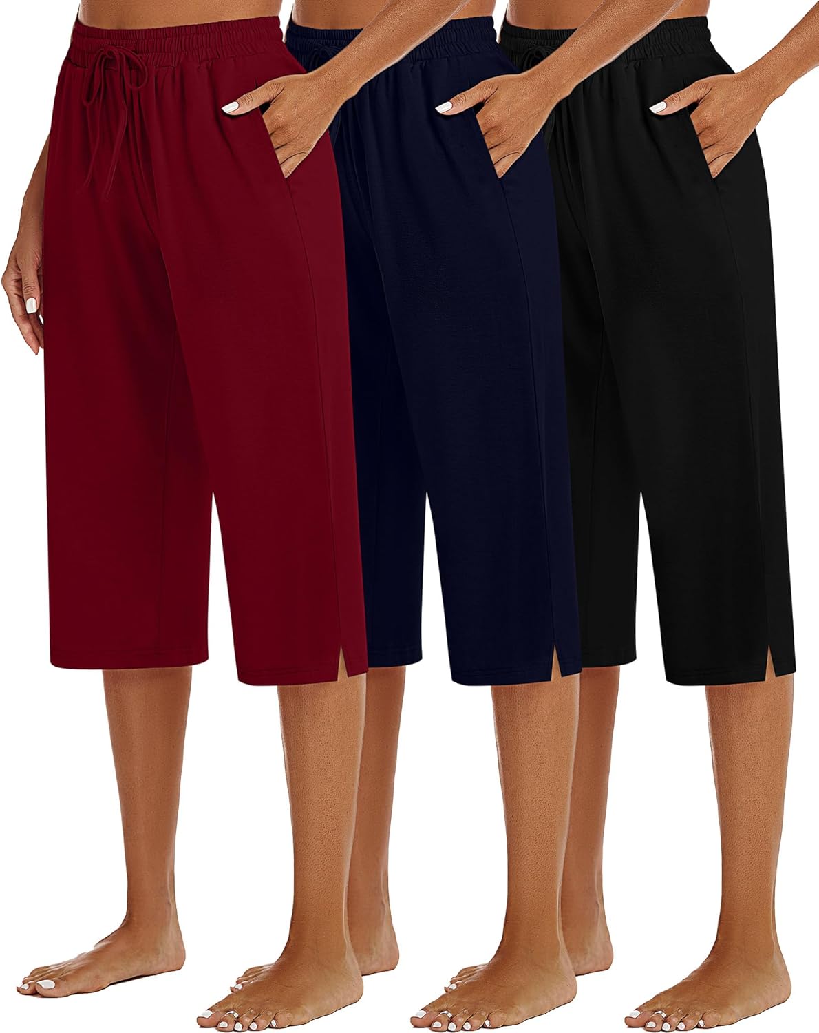 3 Pack Women's Capris Wide Leg Pants with Pockets for Comfort