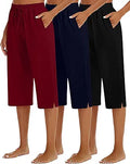 Wide Leg Capri Pants 3 Pack - Comfortable Drawstring Lounge Capris