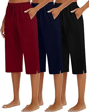 3 Pack Women's Capris Wide Leg Capri Pants with Pockets